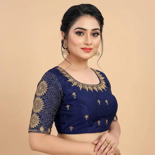 Navy_Blue_Silk_Padded_Round_Neck_Blouse_For_Women