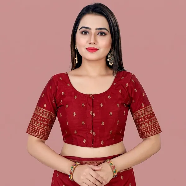 Red_Silk_Short_Sleeve_Round_Neck_Front_Open_Blouse_For_Women