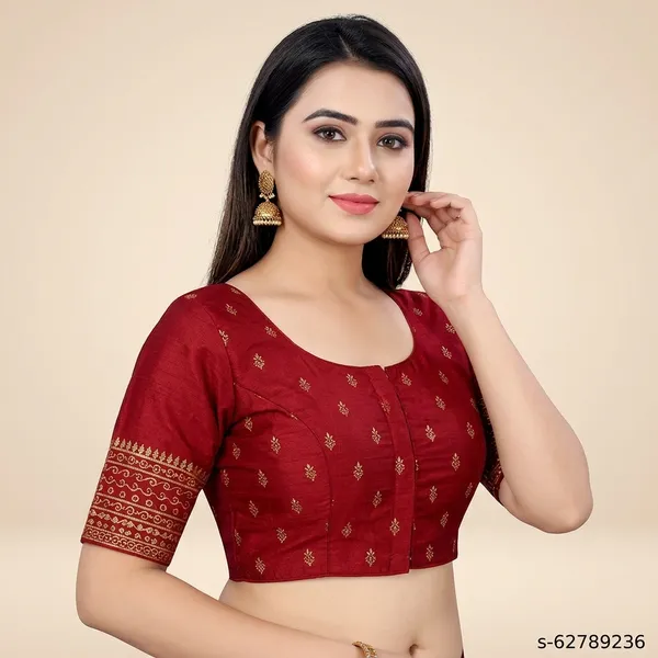 Red_Silk_Short_Sleeve_Round_Neck_Front_Open_Blouse_For_Women