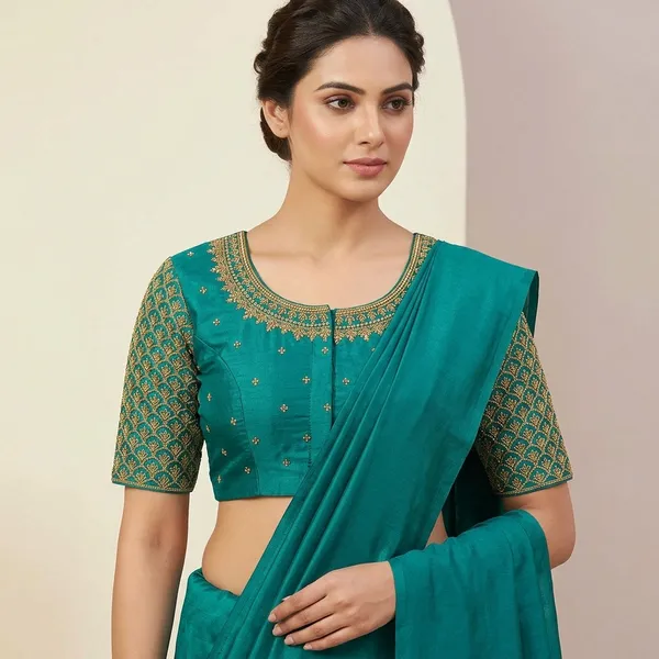 Blue_Silk_Embroidered_Front_Open_Blouse_For_Women