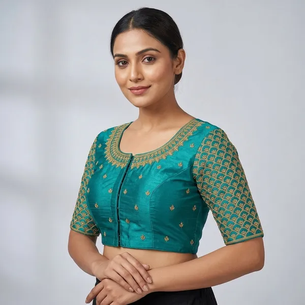 Blue_Silk_Embroidered_Front_Open_Blouse_For_Women