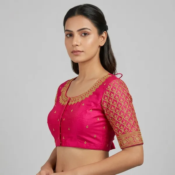 Pink_Silk_Embroidered_Round_Neck_Padded_Blouse_For_Women