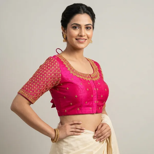 Pink_Silk_Embroidered_Round_Neck_Padded_Blouse_For_Women