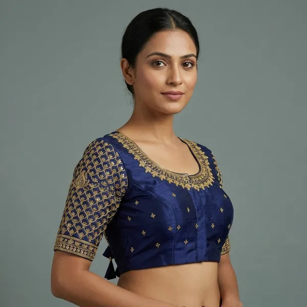 Navy_Blue_Silk_Embroidered_Padded_Blouse_For_Women