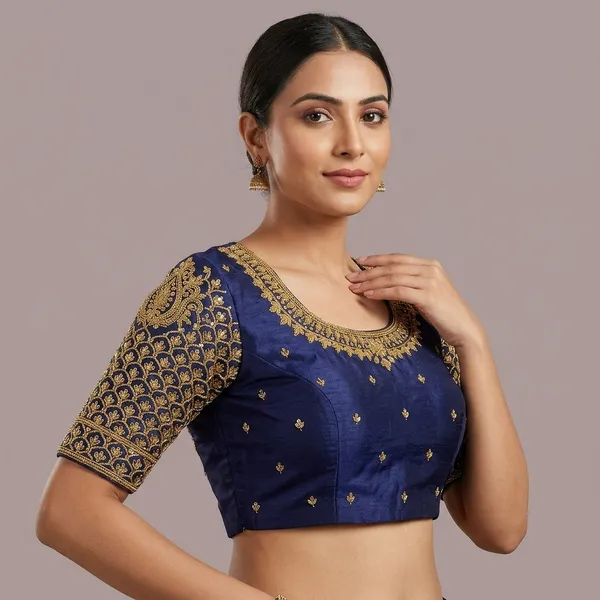 Navy_Blue_Silk_Embroidered_Padded_Blouse_For_Women