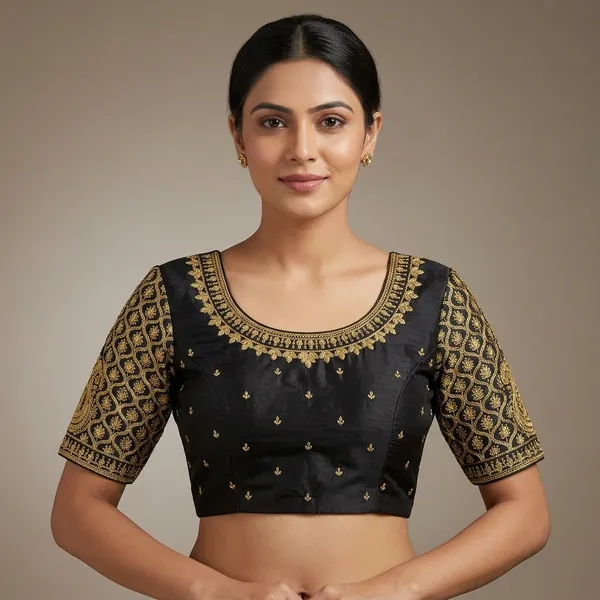 Black_Silk_Padded_Round_Neck_Blouse_For_Women