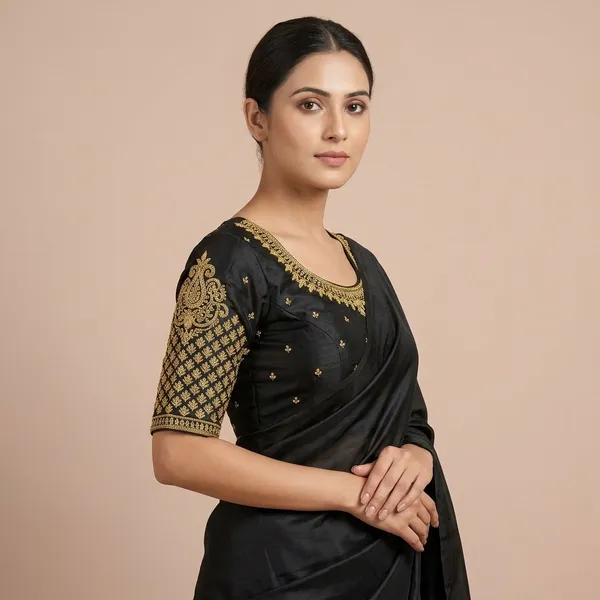 Black_Silk_Padded_Round_Neck_Blouse_For_Women