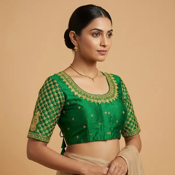 Green_Silk_Embroidered_Round_Neck_Blouse_For_Women