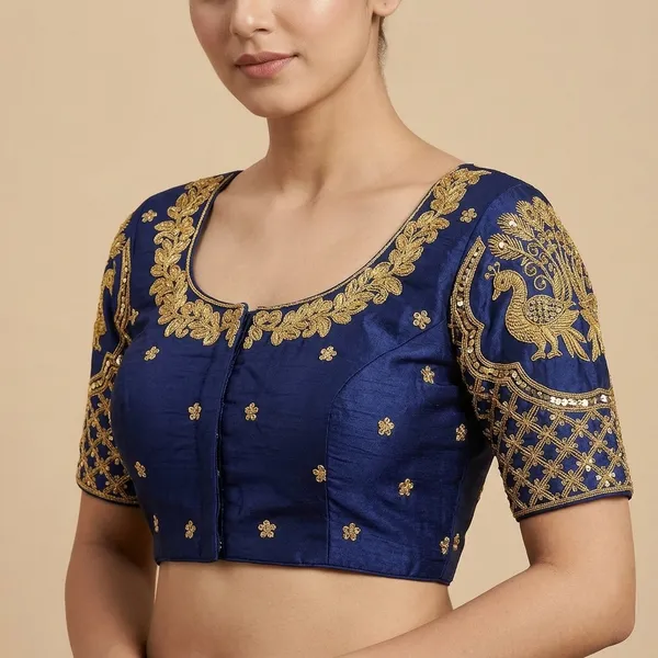 Navy_Blue_Silk_Padded_Front_Open_Round_Neck_Blouse_For_Women