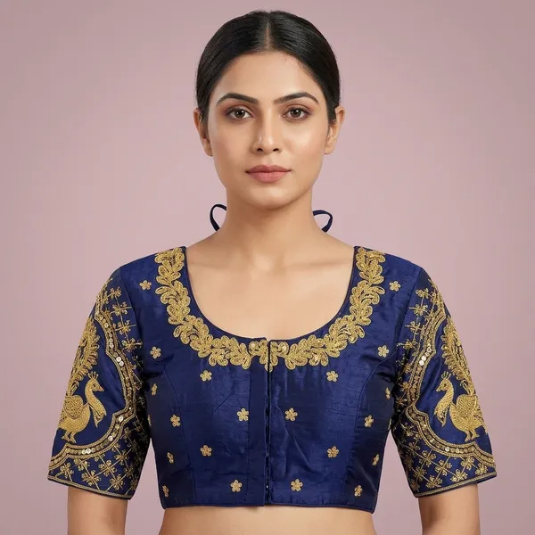 Navy_Blue_Silk_Padded_Front_Open_Round_Neck_Blouse_For_Women
