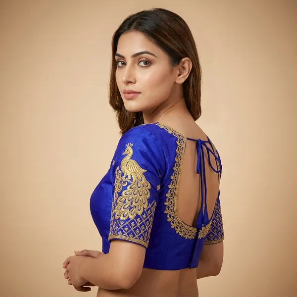 Blue_Silk_Padded_Round_Neck_Blouse_For_Women