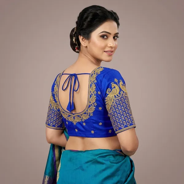 Blue_Silk_Padded_Round_Neck_Blouse_For_Women