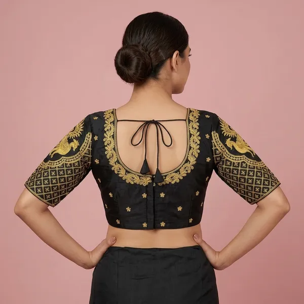 Black_Silk_Embroidered_Round_Neck_Padded_Blouse_For_Women