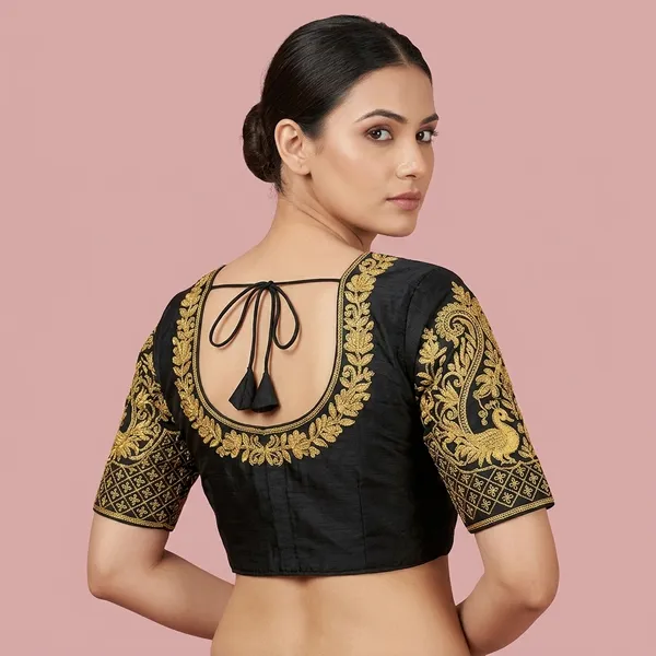 Black_Silk_Embroidered_Round_Neck_Padded_Blouse_For_Women