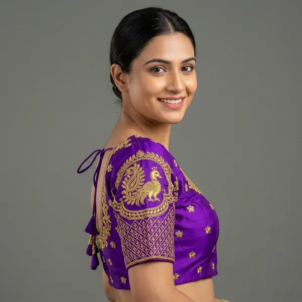 Purple_Silk_Padded_Round_Neck_Blouse_For_Women