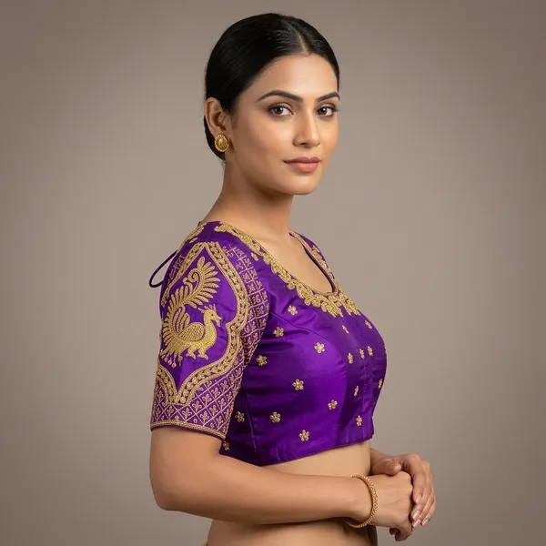 Purple_Silk_Padded_Round_Neck_Blouse_For_Women