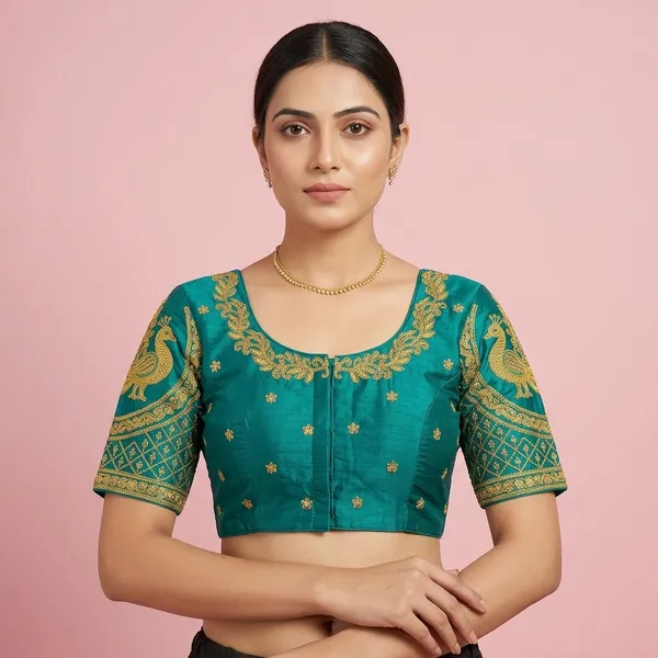 Dark_Green_Silk_Embroidered_Padded_Blouse_For_Women