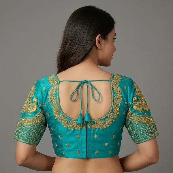 Dark_Green_Silk_Embroidered_Padded_Blouse_For_Women
