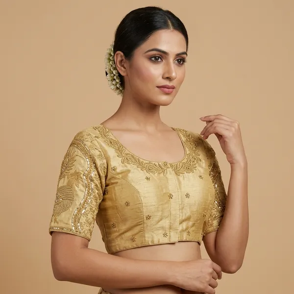 Gold_Silk_Embroidered_Round_Neck_Blouse_For_Women