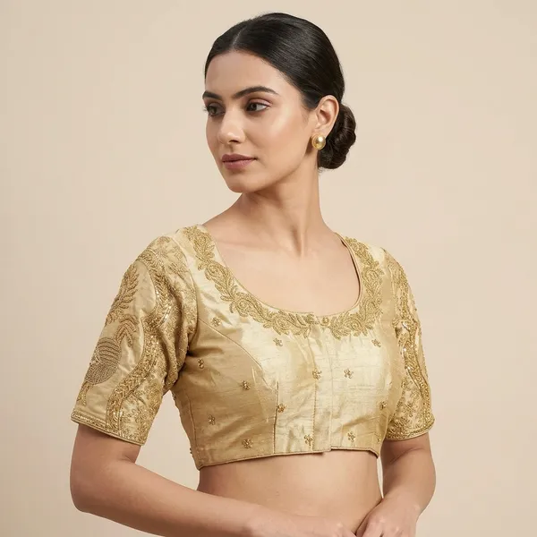 Gold_Silk_Embroidered_Round_Neck_Blouse_For_Women