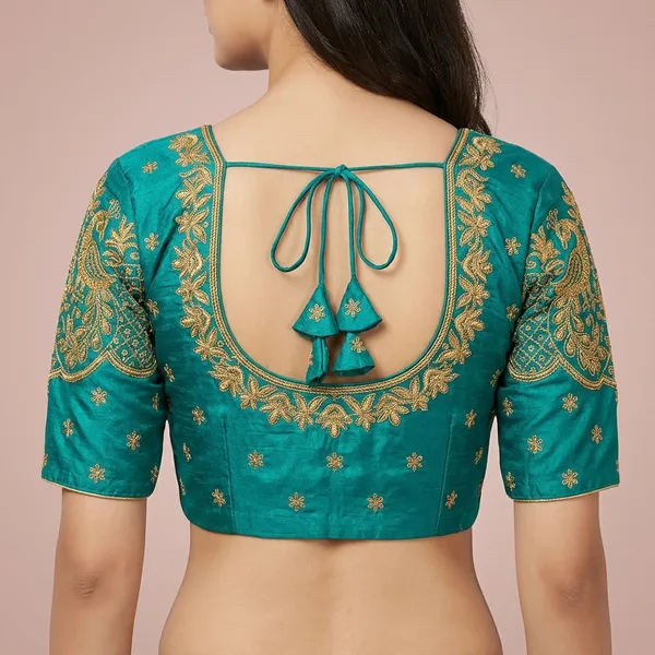 Teal_Silk_Padded_Round_Neck_Blouse_For_Women