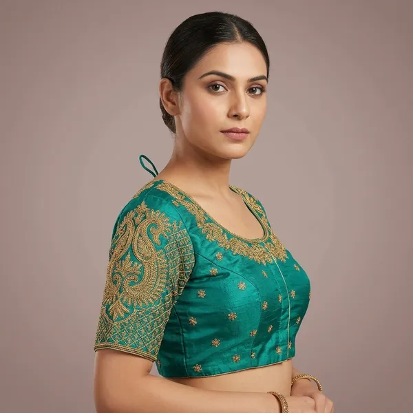 Teal_Silk_Padded_Round_Neck_Blouse_For_Women