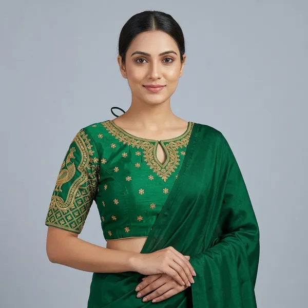 Green_Silk_Embroidered_Round_Neck_Blouse_For_Women