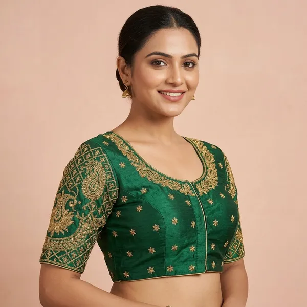 Green_Silk_Embroidered_Round_Neck_Blouse_For_Women