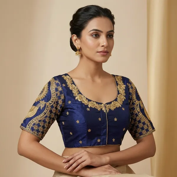 Navy_Blue_Silk_Embroidered_Round_Neck_Blouse_For_Women