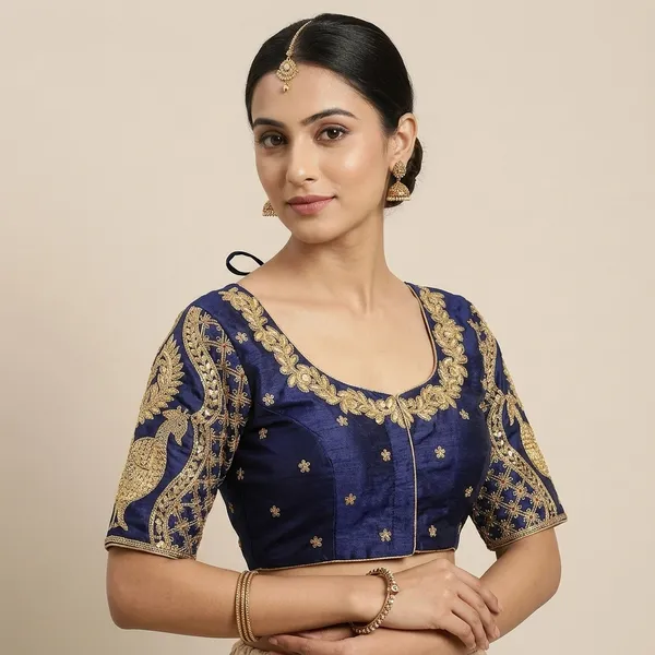 Navy_Blue_Silk_Embroidered_Round_Neck_Blouse_For_Women