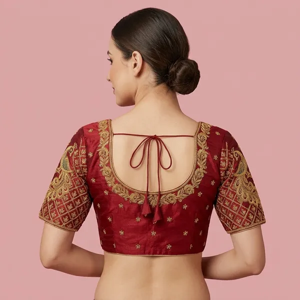 Maroon_Silk_Padded_Embroidery_Round_Neck_Blouse_For_Women