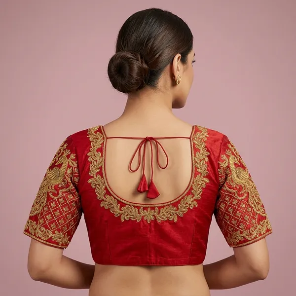 Maroon_Silk_Padded_Embroidery_Round_Neck_Blouse_For_Women