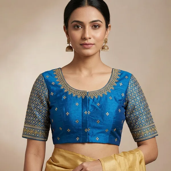 Blue_Silk_Embroidered_Padded_Blouse_For_Women
