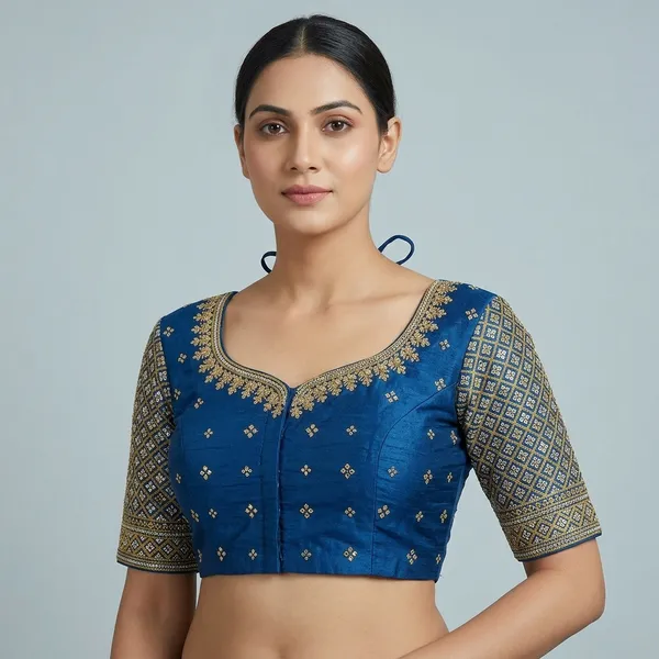 Blue_Silk_Embroidered_Padded_Blouse_For_Women