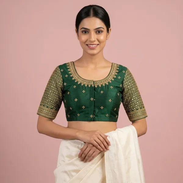 Dark_Green_Silk_Embroidered_Round_Neck_Padded_Blouse_For_Women
