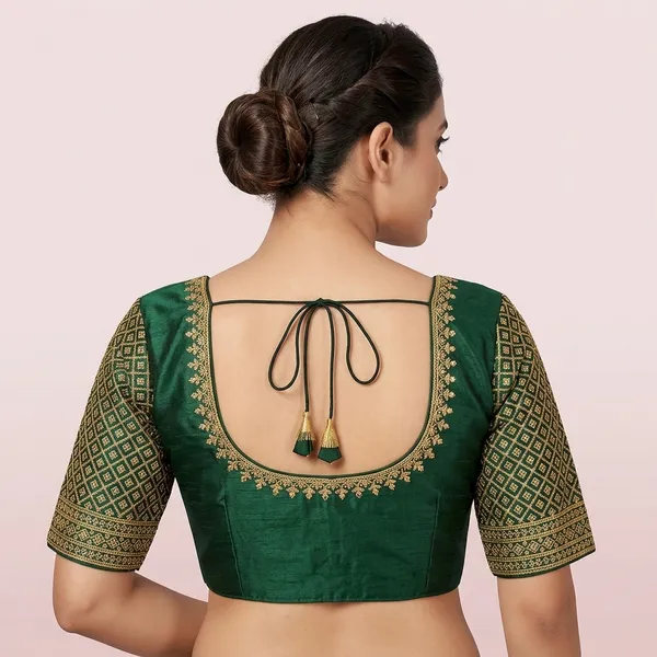Dark_Green_Silk_Embroidered_Round_Neck_Padded_Blouse_For_Women