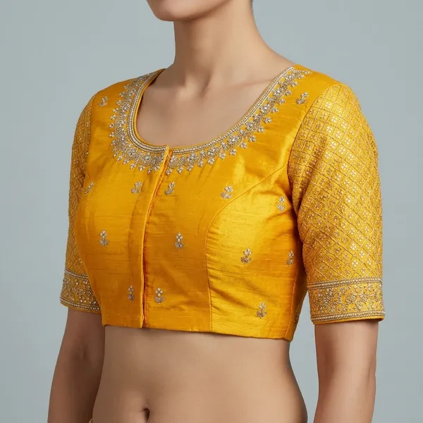 Yellow_Silk_Padded_Round_Neck_Blouse_For_Women