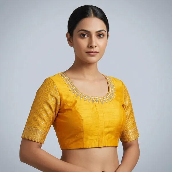 Yellow_Silk_Padded_Round_Neck_Blouse_For_Women