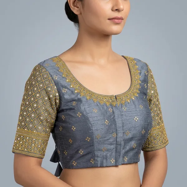 Grey_Silk_Short_Sleeve_Blouse_For_Women