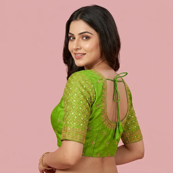 Green_Silk_Embroidered_Front_Open_Blouse_For_Women