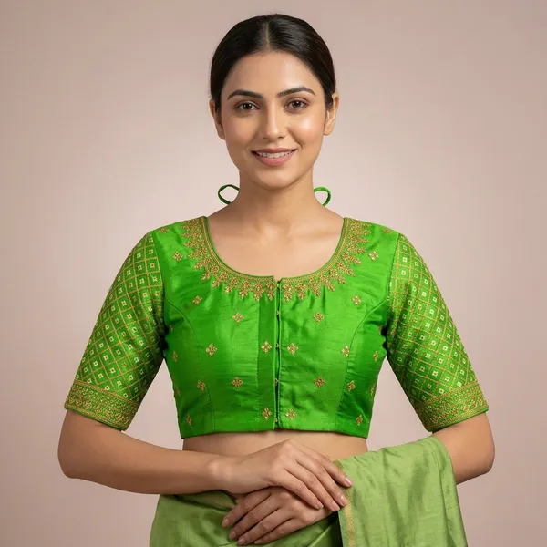 Green_Silk_Embroidered_Front_Open_Blouse_For_Women