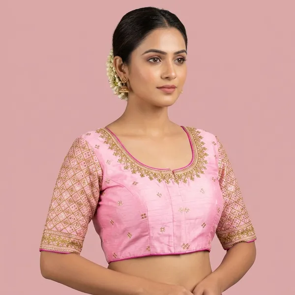 Pink_Silk_Padded_Round_Neck_Embroidered_Blouse_For_Women