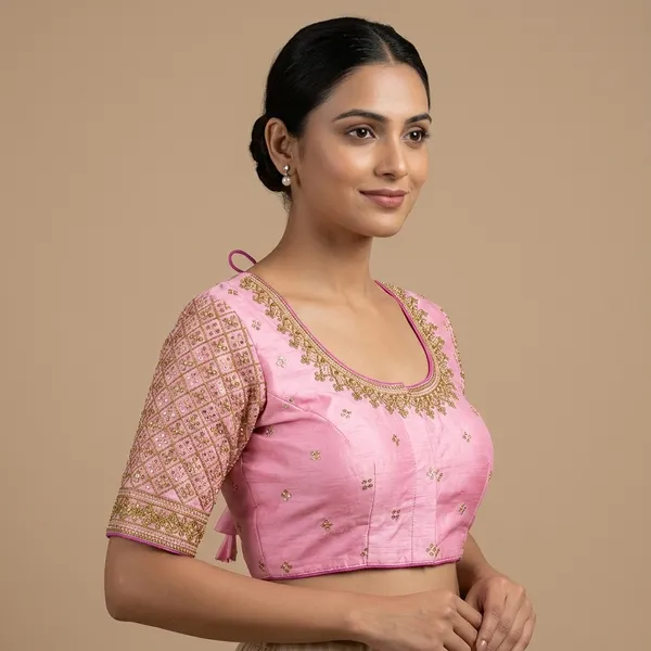 Pink_Silk_Padded_Round_Neck_Embroidered_Blouse_For_Women