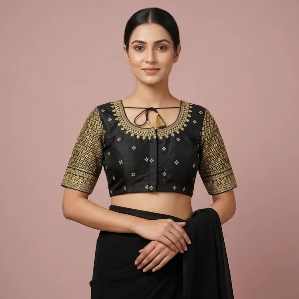 Black_Silk_Short_Sleeve_Front_Open_Blouse_For_Women