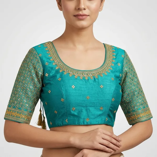 Teal_Silk_Embroidered_Padded_Blouse_For_Women