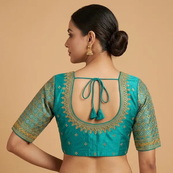 Teal_Silk_Embroidered_Padded_Blouse_For_Women