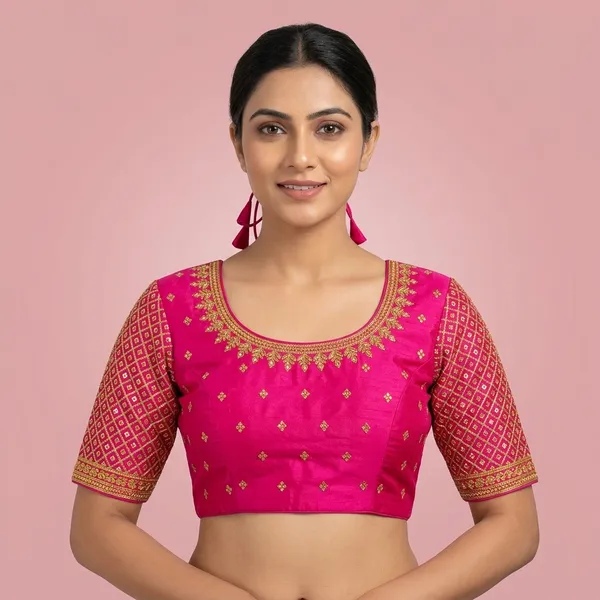 Pink_Silk_Embroidery_Padded_Round_Neck_Blouse_For_Women