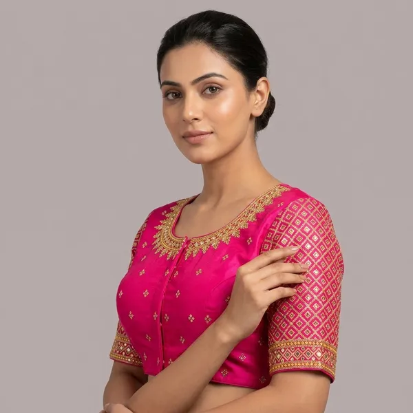 Pink_Silk_Embroidery_Padded_Round_Neck_Blouse_For_Women