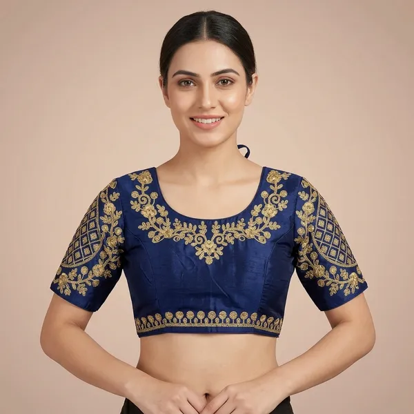 Navy_Blue_Silk_Short_Sleeve_Round_Neck_Hook_Closure_Blouse_For_Women
