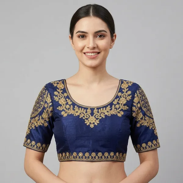 Navy_Blue_Silk_Short_Sleeve_Round_Neck_Hook_Closure_Blouse_For_Women